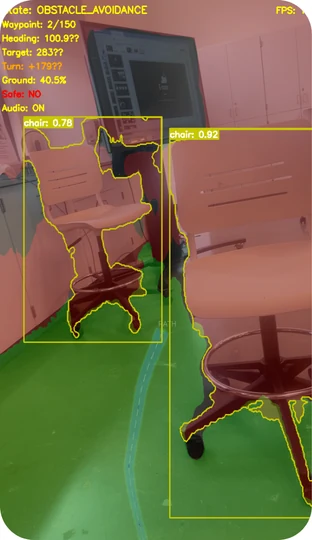 Computer-vision output with an obstacle outlined and safe ground highlighted in green